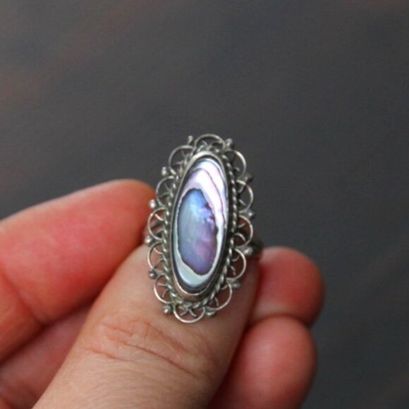 Abalone Mexico Silver Plate Filigree Ring Size 5.25 - Picture 1 of 10